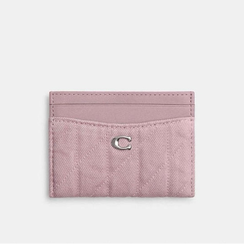 Coach Denim Card Case with Quilting in Silver/Ballernina Pink